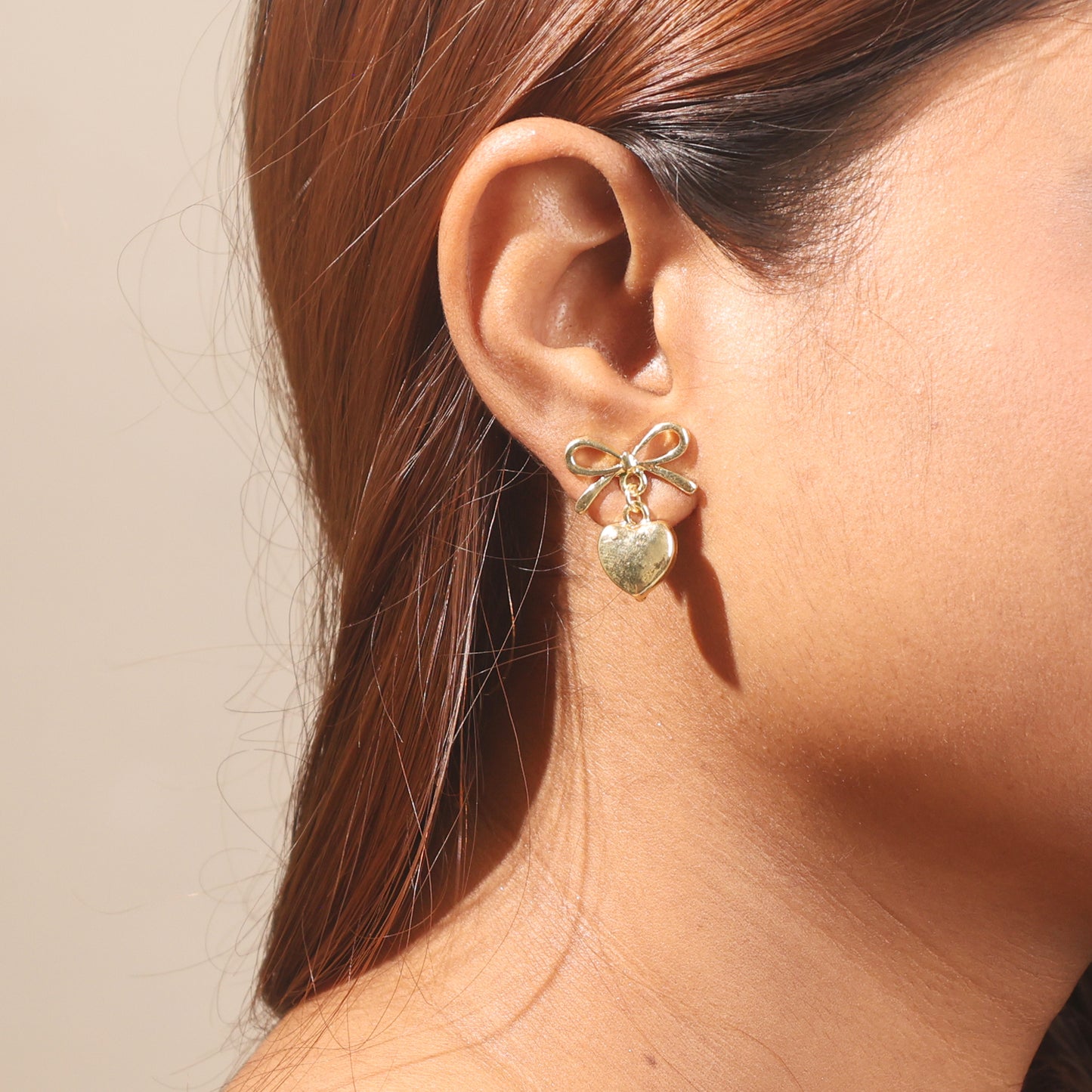 Golden Bow Heart Drop Earrings