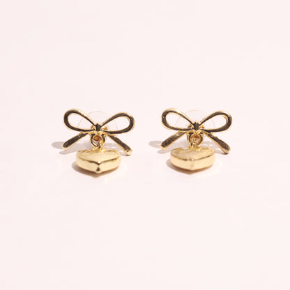 Golden Bow Heart Drop Earrings